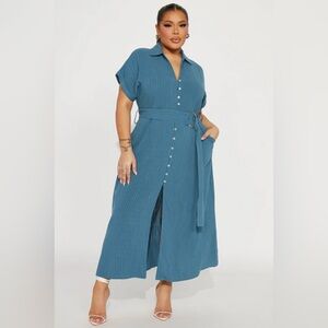 Fashion Nova Blue Belted Maxi Dress